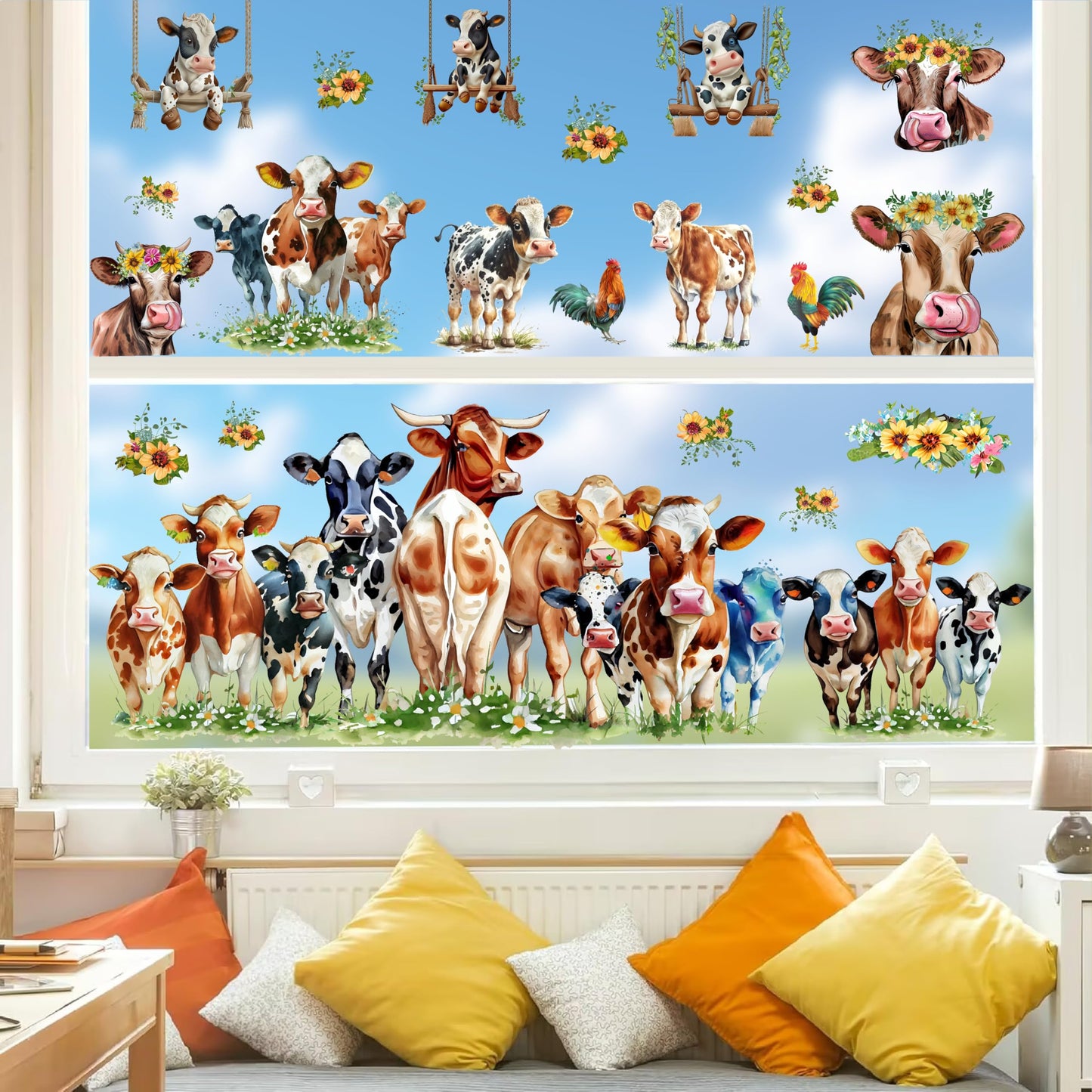 Funny Cow Wall Stickers Cute Cow Window Stickers Farm Animal Wall Decals Peel and Stick Sunflower Cattle Cow Print Window Decals Clings Farmhouse Wall Stickers for Kitchen Bedroom Decor