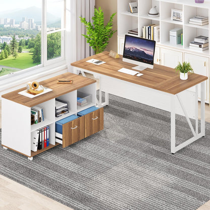 Tribesigns 63-Inch Executive Computer Desk with 47-Inch Lateral File Cabinet, Large Workstation Business Furniture, L Shaped Desk with Drawers and Storage Shelves for Home Office, Walnut & White