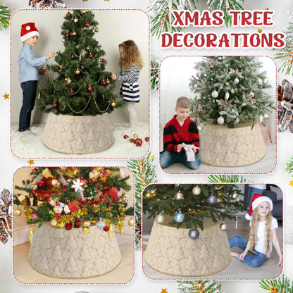 Faux Plush Christmas Tree Collar,Rustic Farmhouse Tree Skirt Ring with Xmas Tree Textured Pattern for Holiday Christmas Indoor Home Decor