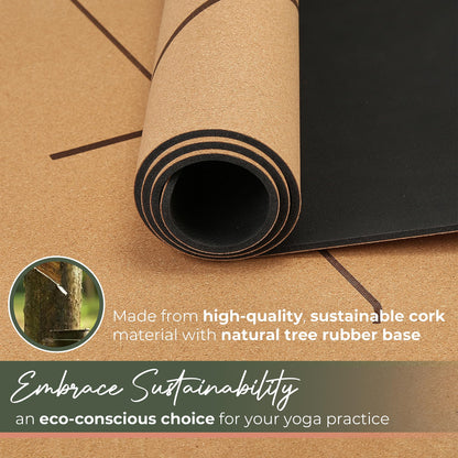 Premium Yoga Cork Mat | 5mm Thick Natural Tree Rubber Base and Bigger Mat for Extra Support, Alignment lines for Guidance | Non-Slip, Natural & Eco-friendly, Your Ultimate Eco-Friendly Yoga Companion