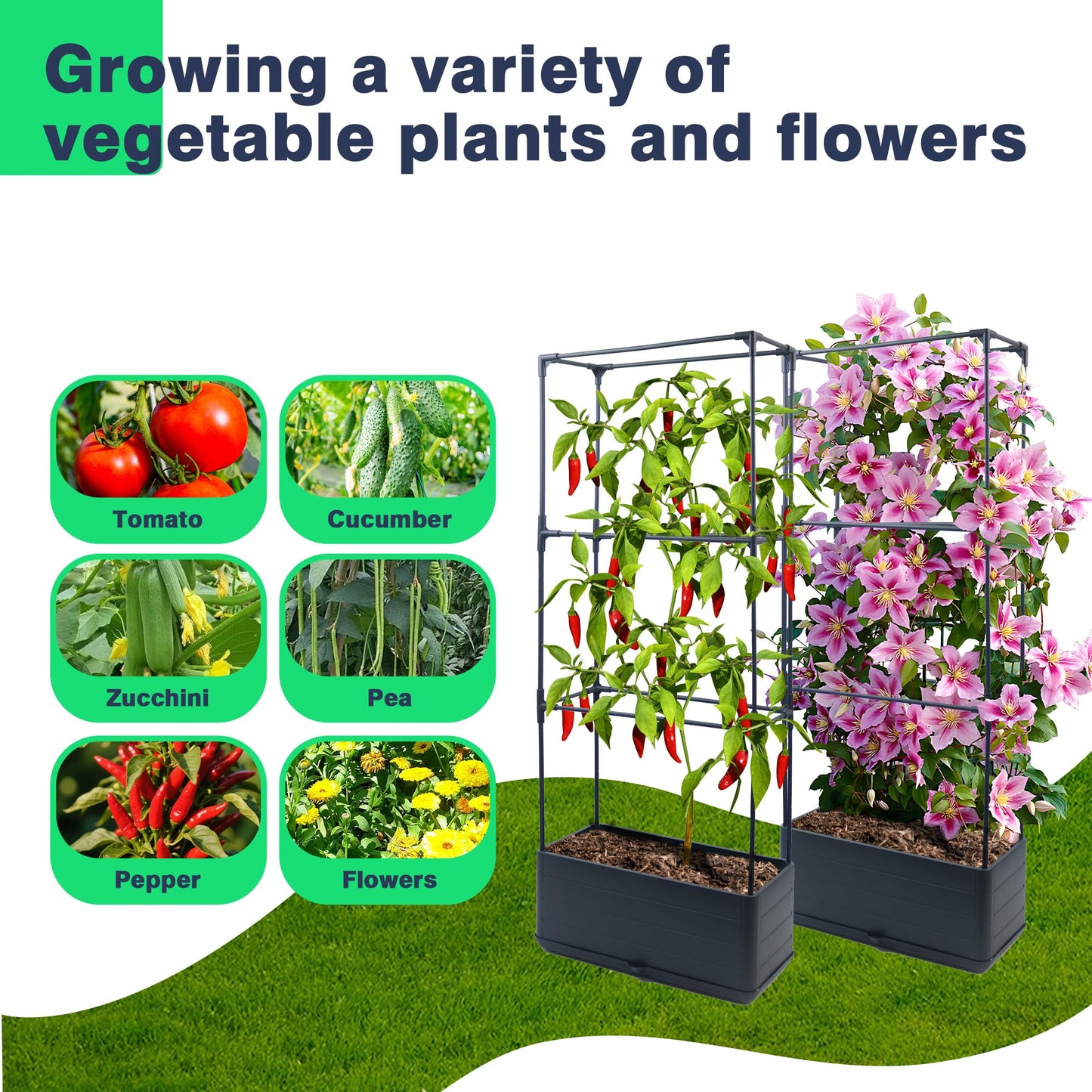 Sumloty 2Pack Raised Garden Bed Planter Boxe with Trellis, 43.4" Self Watering Tomato Raised Planter Box with Trellis for Climbing Vegetable Flowers and Plants, Tomato Cage for Indoor Outdoor Use