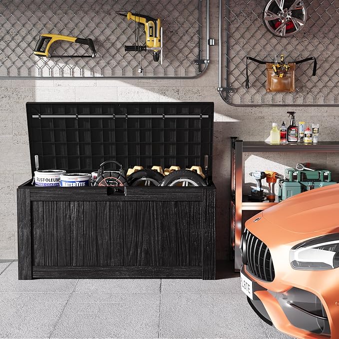 Greesum Outdoor Storage Box 120 Gallon Storage Bin with Lid for Patio Furniture, Garden Tools, Pool Supplies, Lockable, Waterproof and UV Resistant, Black