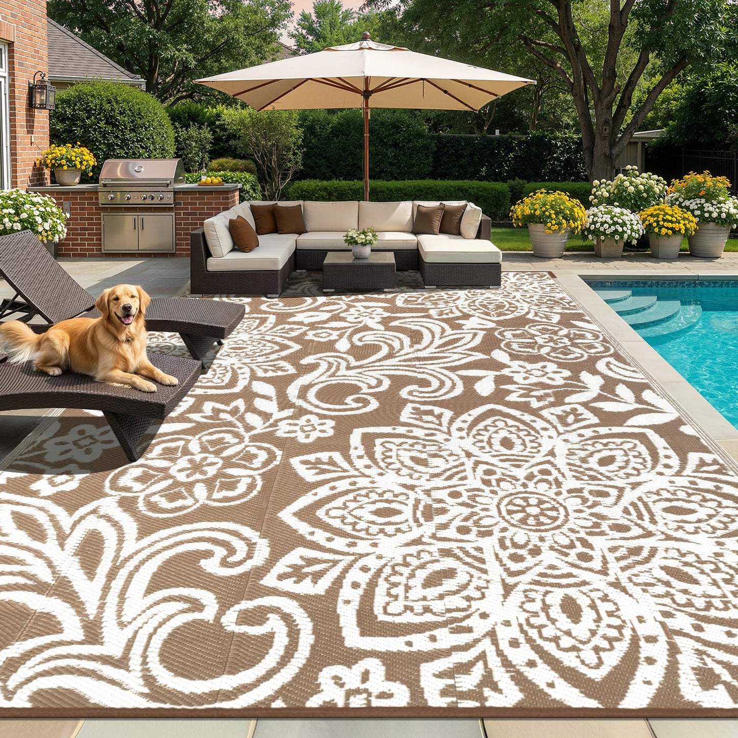 Findosom Waterproof Outdoor Rug 9' x 18' - Reversible Mandala Outdoor Plastic Straw Rug, Durable Foldable Patio Rug for RV, Deck, Balcony, Backyard, Picnic, Porch, Camping, Beach, Brown