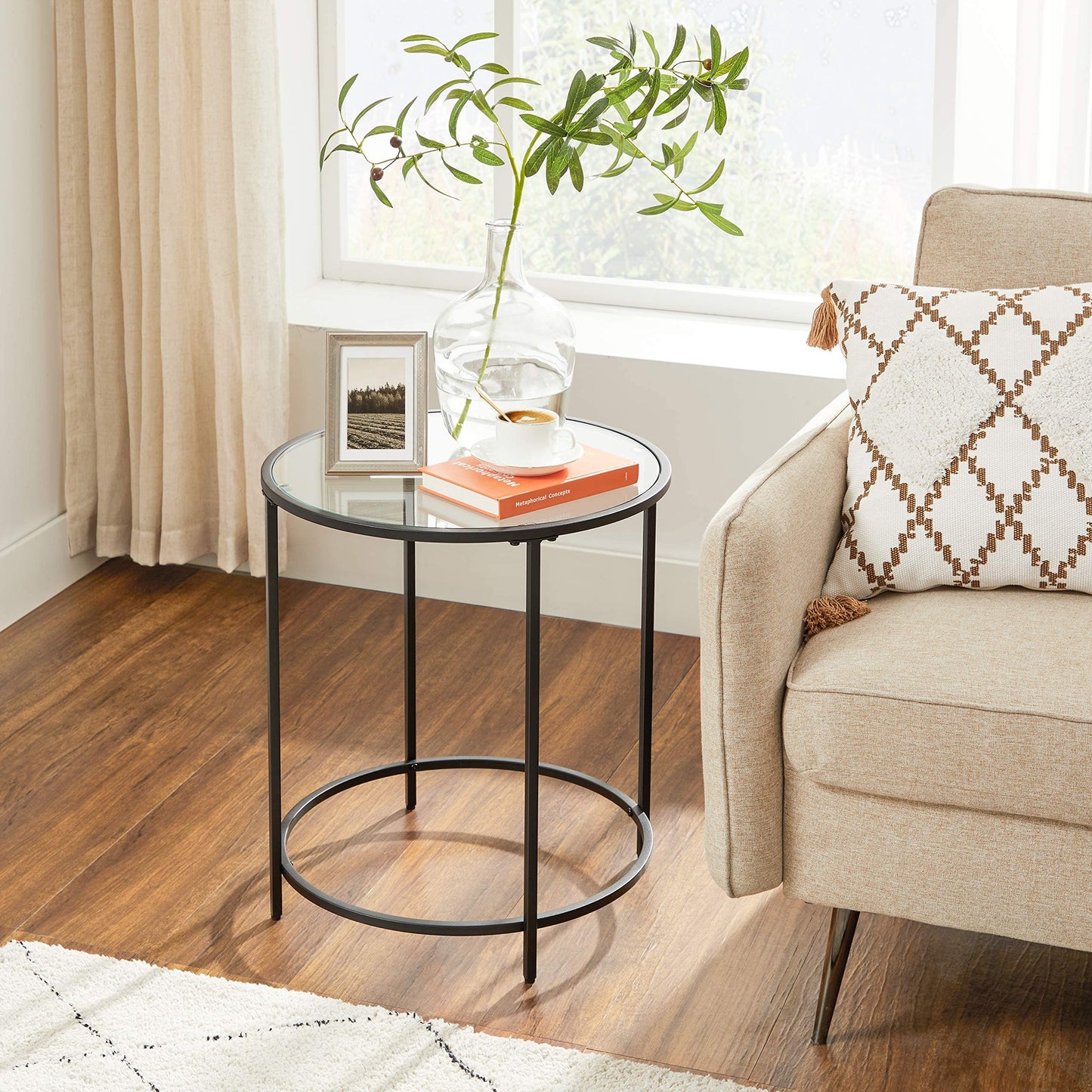 VASAGLE Round Side Table, Glass End Table with Metal Frame, Black Coffee Table with Modern Style, for Living Room, Balcony, Bedroom, Black