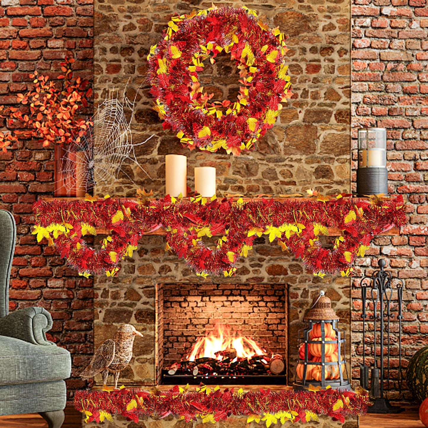 4 Strings Total 26.4 FT Thanksgiving Maple Leaf Tinsel Garlands – Each 6.6 FT Red Gold Metallic Fall Leaf Garland for Autumn, Harvest, and Thanksgiving Party Decorations