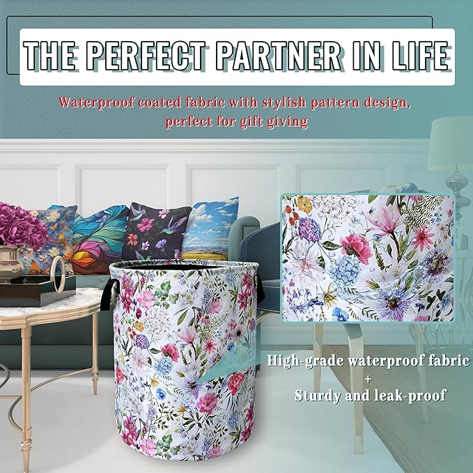 Watercolor Flower Floral Laundry Basket Foldable