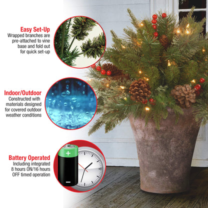 National Tree Company 18 in Pre-Lit Colonial Fir Artificial Christmas Urn Filler, Christmas Decoration with Pinecones, Red Berries, 35 Clear LED Lights, 167 Tips, Timer, Tripod Stake, Green
