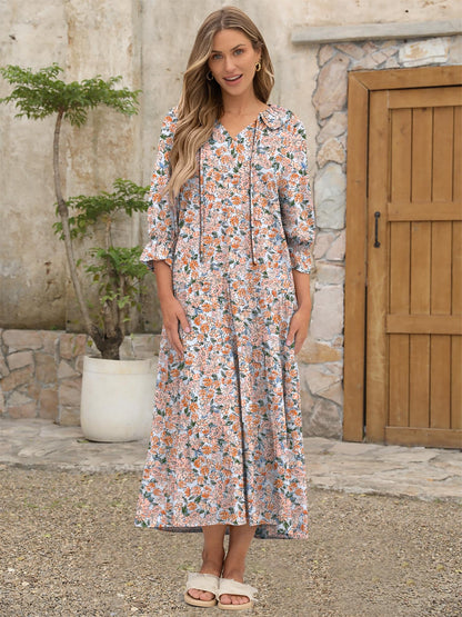 ANRABESS Women's Boho Maxi Dresses 2025 Summer Casual V Neck Puff Sleeve Floral Tiered Flowy Swing Beach Vacation Long Dress