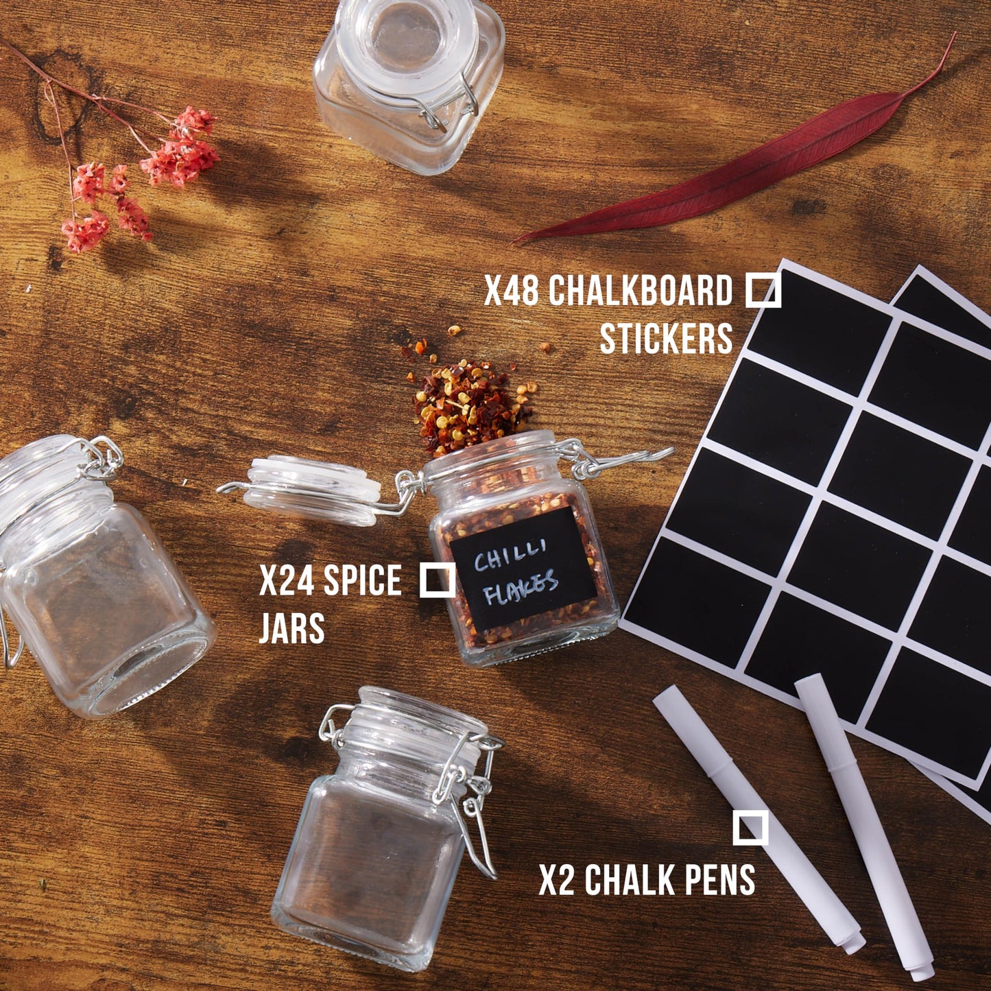 Oak & Steel - 24 Mini Clip Top Glass Spice Storage Jars - 100 ml Glass Canister Containers with Lids, 48 Labels and 2 Chalk Pen (8 x 5cm) - Perfect for Spice Storage, Jam, Honey, Gifting (24)…