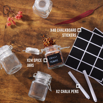 Oak & Steel - 24 Mini Clip Top Glass Spice Storage Jars - 100 ml Glass Canister Containers with Lids, 48 Labels and 2 Chalk Pen (8 x 5cm) - Perfect for Spice Storage, Jam, Honey, Gifting (24)…