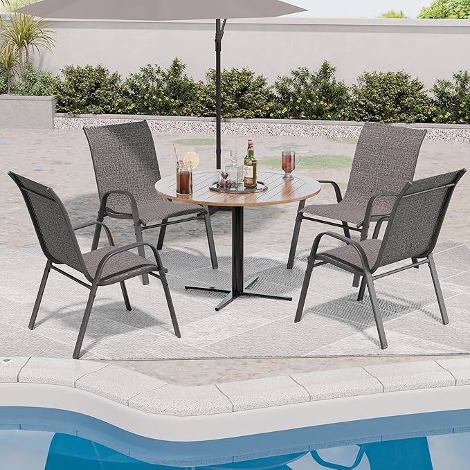 Patio Chairs Set of 4, Stackable Outdoor Dining Chairs for All Weather, Metal Modern Outside Furniture Chair for Pool Side, Garden, Backyard Deck, Dark Grey