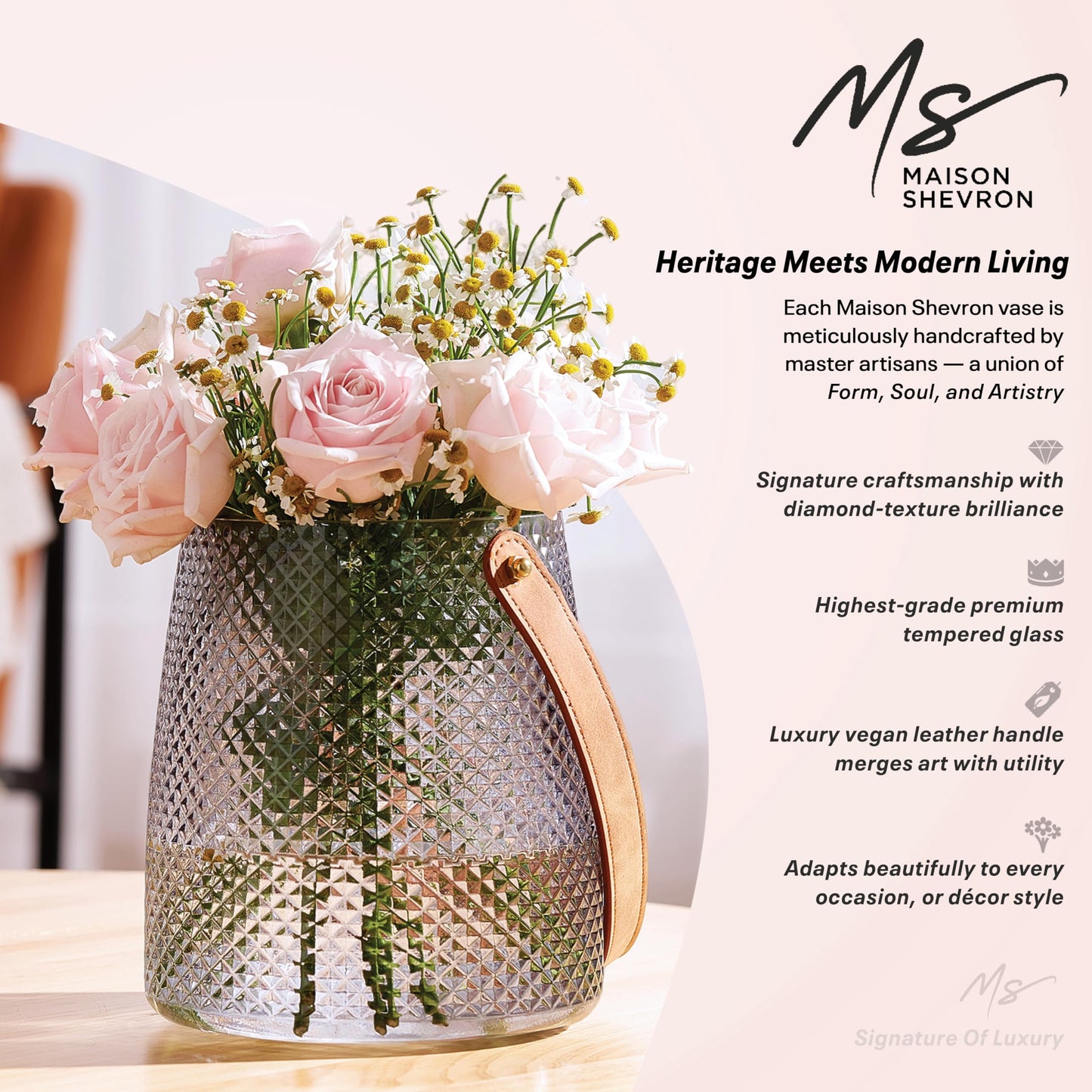 Nordic Handcrafted Crystal Glass Flower Vase with Vegan Leather Handle – Smoke Gray Diamond Textured – Modern Decorative Centerpiece for Dining Table, Coffee Table & Luxury Home Decor