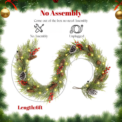 6FT Christmas Cedar Garland with Lights,Artificial Realistic Battery Operated Green Garland Christmas Decorations for Home Mantel Stairs Railing Dining Table Winter Decor
