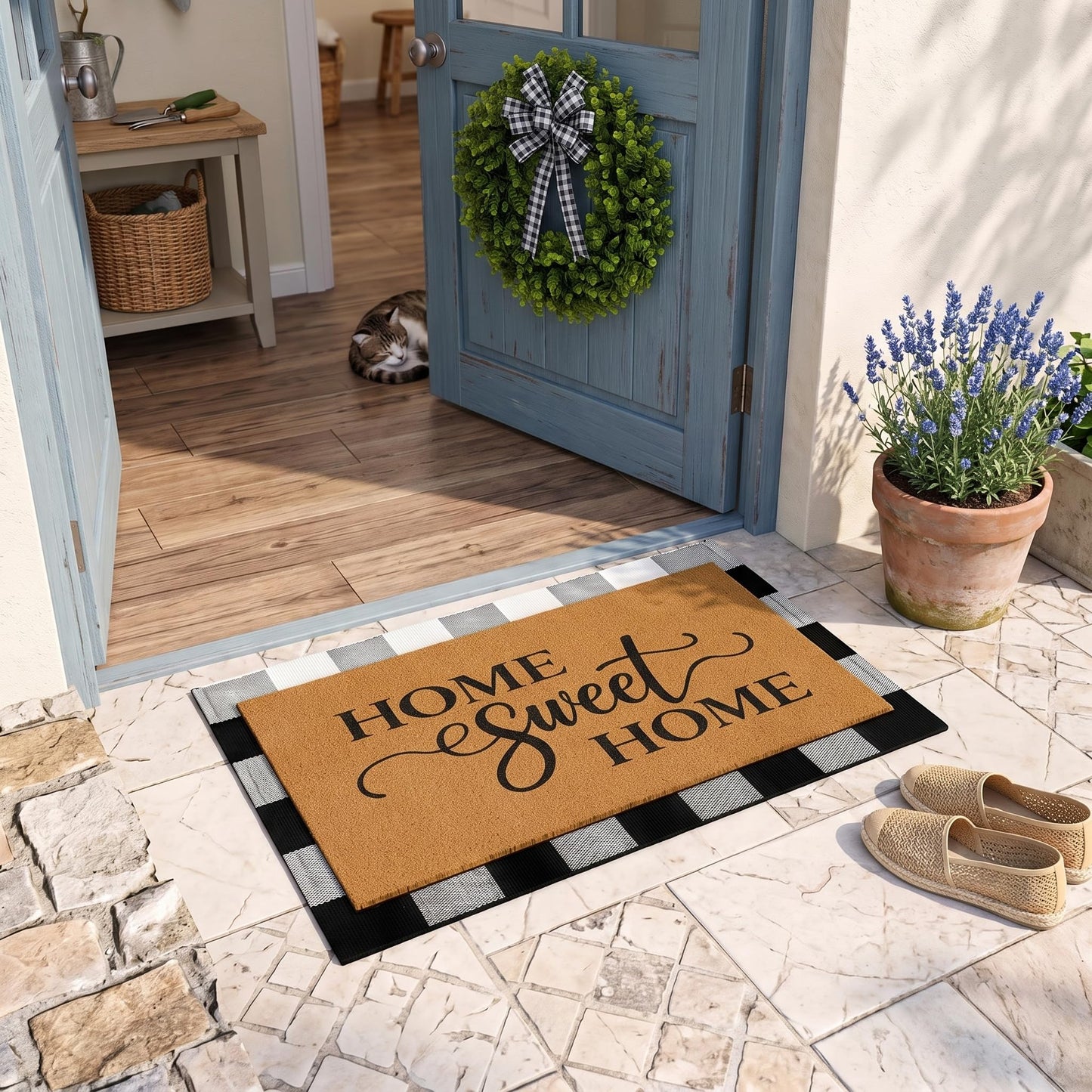 Britimes 3 Pcs Farmhouse Front Door Mat and Wreath Set Home Sweet Home Faux Coir Doormat Buffalo Plaid Layering Rug and 19" Greenery Wreath Outside Decor for Porch