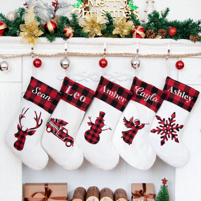 LUBOT Pack Personalized Christmas Stocking(20inch) Silhouette Buffalo Red Plaid/Rustic/Farmhouse/Country Fireplace Hanging Xmas Stockings Decorations for Family Holiday Season