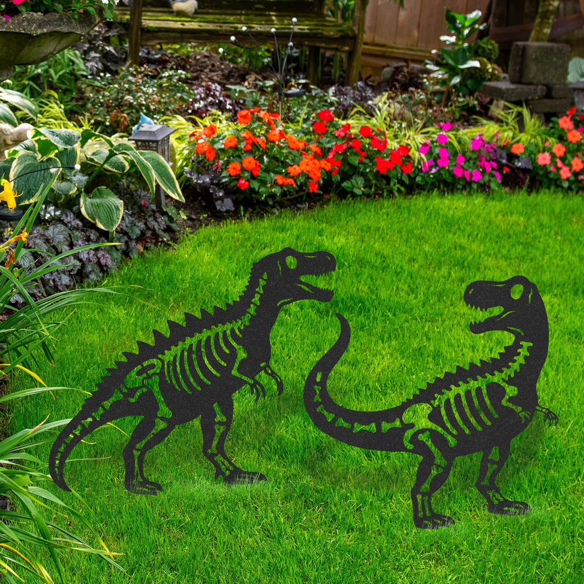 LIRAVENO Dinosaur Decor Garden Stakes - 2 Pcs Metal Dinosaurs Statues Waterproof Yard Art Silhouette Decoration for Outside Patio Lawn Pathway Christmas New Year Ornaments Birthday Gifts for Adults