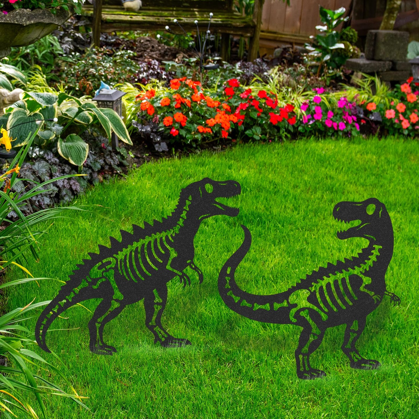 LIRAVENO Dinosaur Decor Garden Stakes - 2 Pcs Metal Dinosaurs Statues Waterproof Yard Art Silhouette Decoration for Outside Patio Lawn Pathway Christmas New Year Ornaments Birthday Gifts for Adults