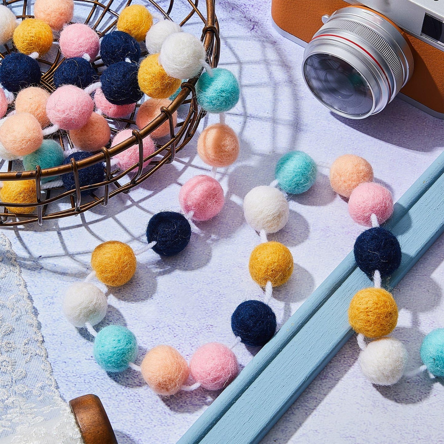 WILLBOND 2 Pieces Wool Felt Rainbow Ball Garland Colorful Pom Pom 6.5 ft Long 24 Ball Garland for Easter Mardi Gras Classroom Halloween Thanksgiving Xmas (Classic Colors)