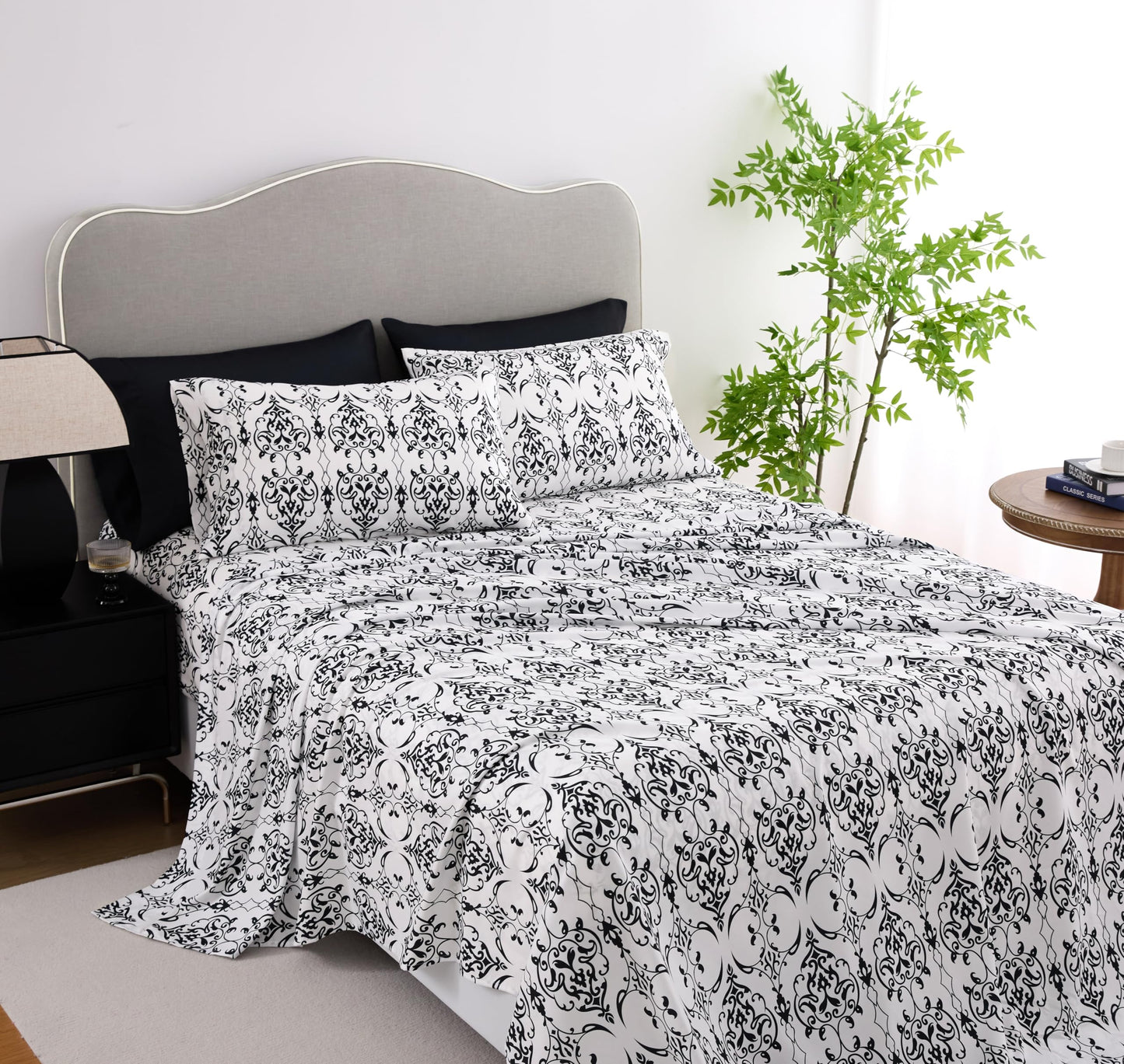 Spirit Linen home 6-Piece Twin Size Bed Sheet Set - Deep Pocket, Scroll Pattern, Soft and Breathable Bed Sheets, Microfiber Material, Includes 1 Fitted, 1 Flat, 4 Pillowcases - Black/White Scroll