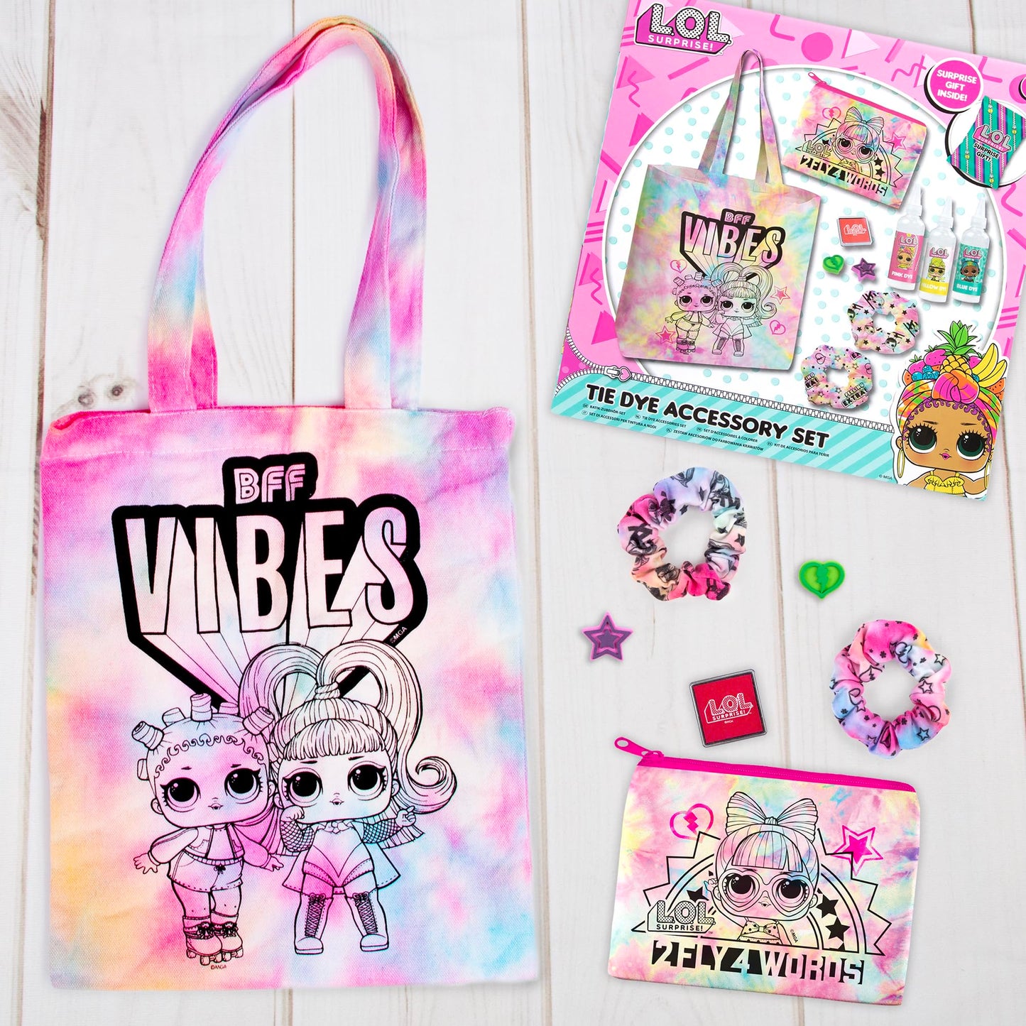 L.O.L. Surprise! Tie Dye Accessories Set - Tie Dye Kit Containing: 1 Tote Bag, 1 Scrunchie, 1 Purse, 1 Head Band and 1 LOL Surprise Gift – Arts and Crafts Gifts for Girls - LOL Toys for Girls