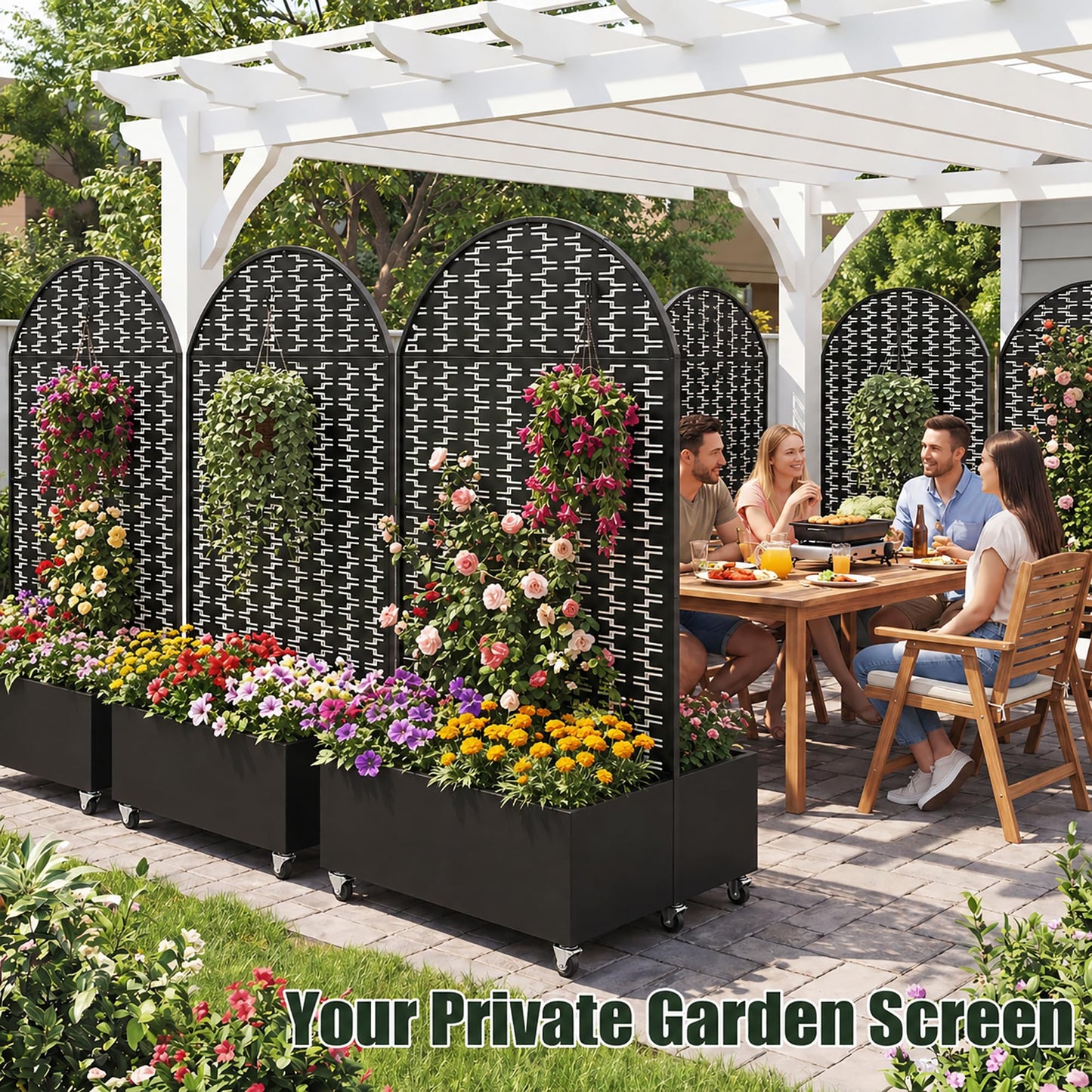 Veemuaro Metal Planter Box with Trellis, 70" H × 46" L Freestanding Outdoor Raised Garden Bed with Privacy Screen, Wheels and Drainage Holes, Arched Privacy Screen Planter Box for Backyard and Garden