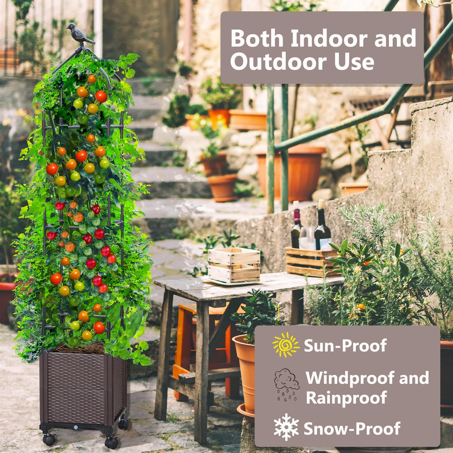 Sunnyglade 2 PCS Raised Garden Bed Planter Box with Trellis, 63" Tall Outdoor Tomato Planters for Climbing Vegetables Flowers Vine Plants, Tomato Cage with Wheels (2)