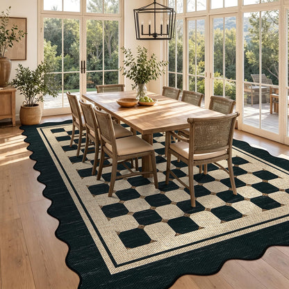 Garvee Easy Jute 9x12 Large Area Rug for Living Room Scalloped Checkered Black Indoor Outdoor Rugs Non Slip Low Pile Patio Outdoor Rugs Washable Carpet for Porch Bedroom Living Room Backyard, 9'x12'