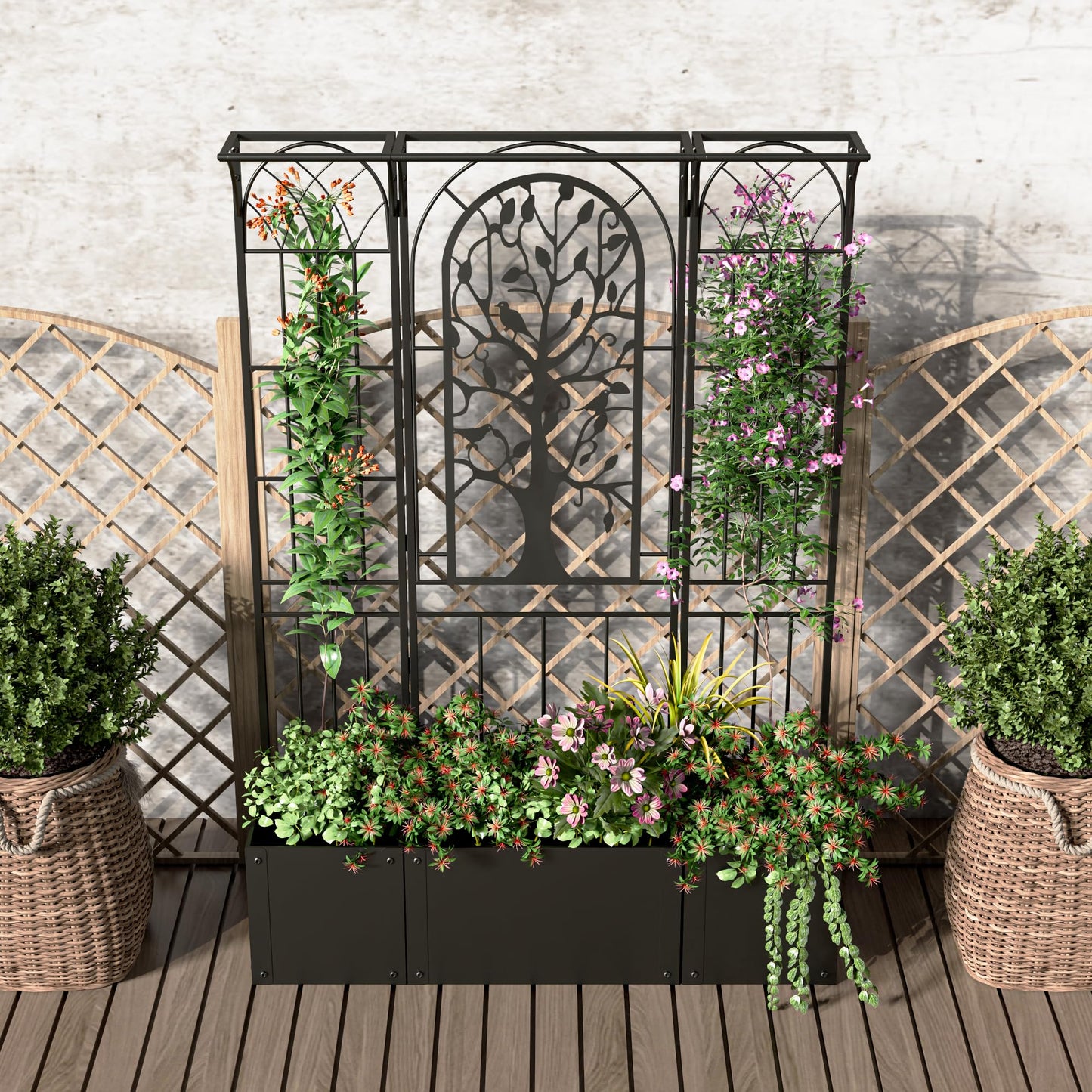Athuiline Metal Planter Box with Trellis, Raised Garden Bed with Trellis Privacy Screen, 62 inch Tall Planter Boxes for Climbing Plants, Flowers, Vegetables, Fruits, Balcony and Patio Decor (Black)