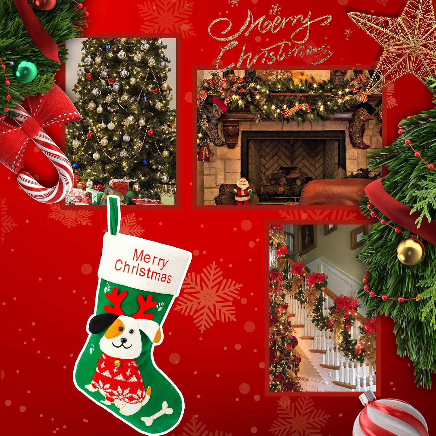 Hopearl 16'' Dog Christmas Stocking 3D Pet Holder Puppy Ornament Gifts Bags for Pets Decoration Holiday Party Supply Seasonal Ornament, Green