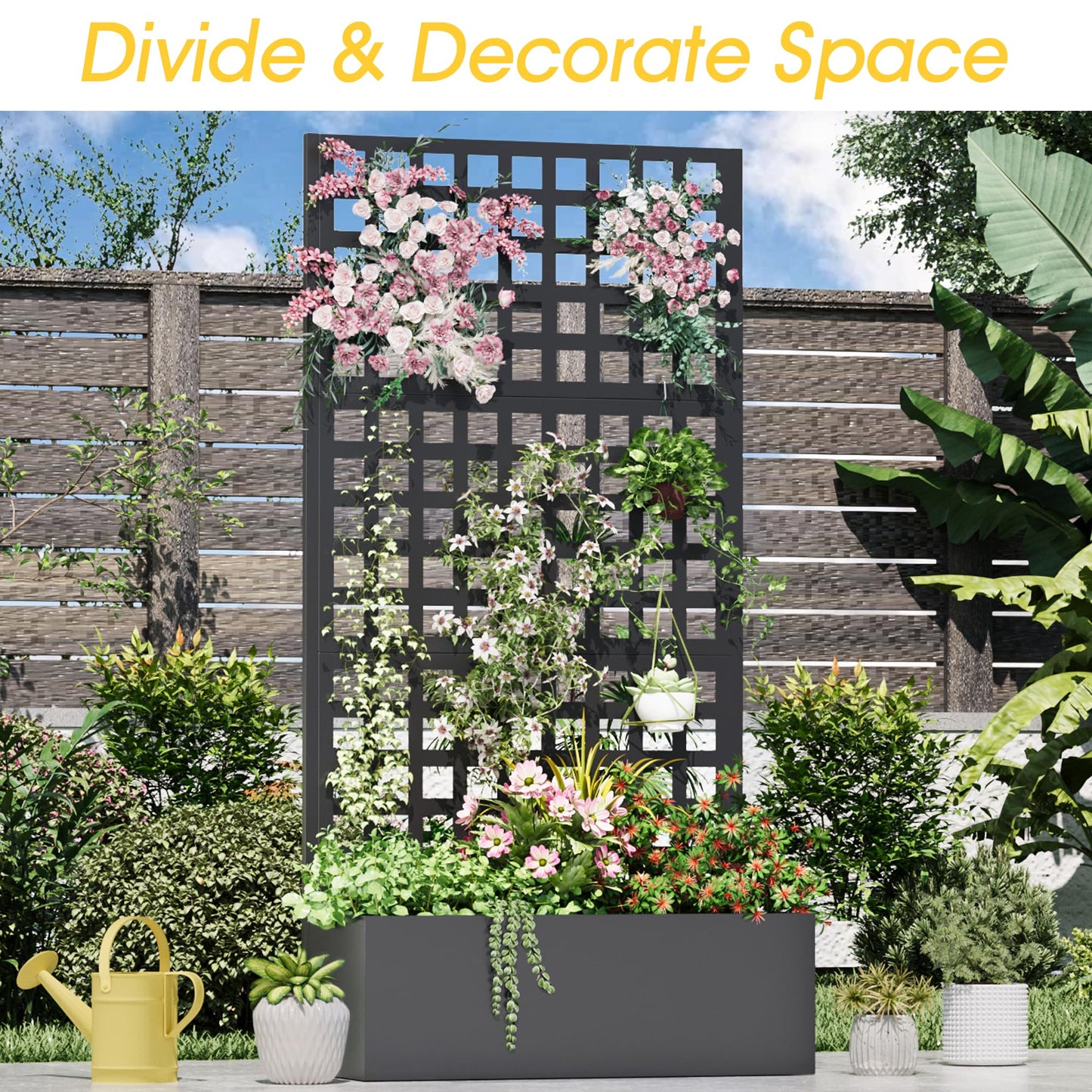 UPHYB Metal Planter Box with Trellis, 71"x 35"x 16" Raised Garden Bed with Trellis, Planter Box Trellis with Privacy Screen and Drainage Holes, Black