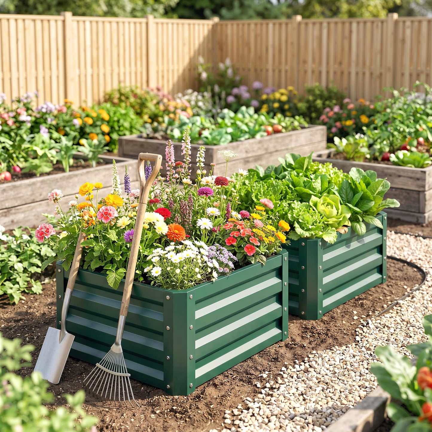 Outsunny 2 Piece Galvanized Raised Garden Bed, 2' x 2' x 1' Metal Planter Box for Growing Vegetables, Flowers, Herbs, Succulents, Green