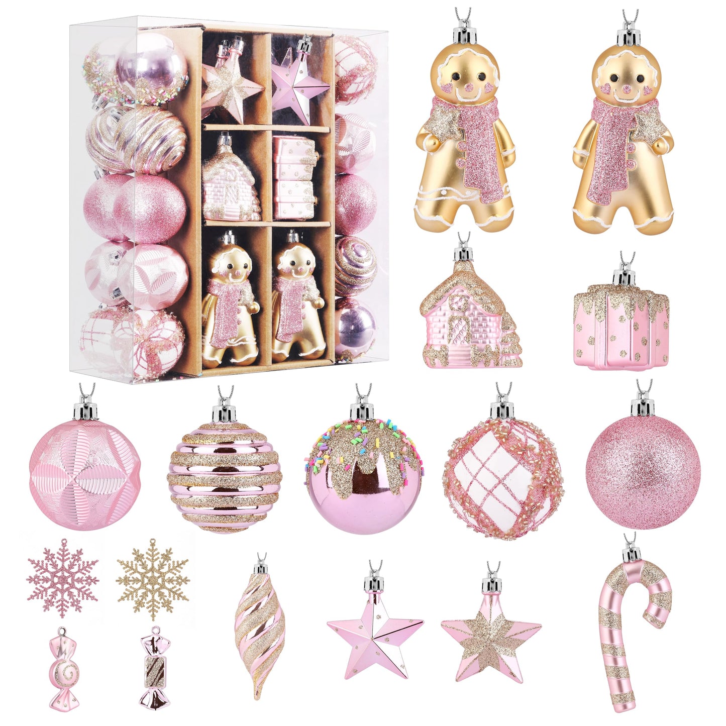 SHareconn 65pcs Christmas Tree Ornaments Set, Shatterproof Christmas Gingerbread Man Balls Bulk Gift Boxes, Hanging Plastic Decorative Baubles for Xmas Trees Decorations, Holiday Party, Pink Gold