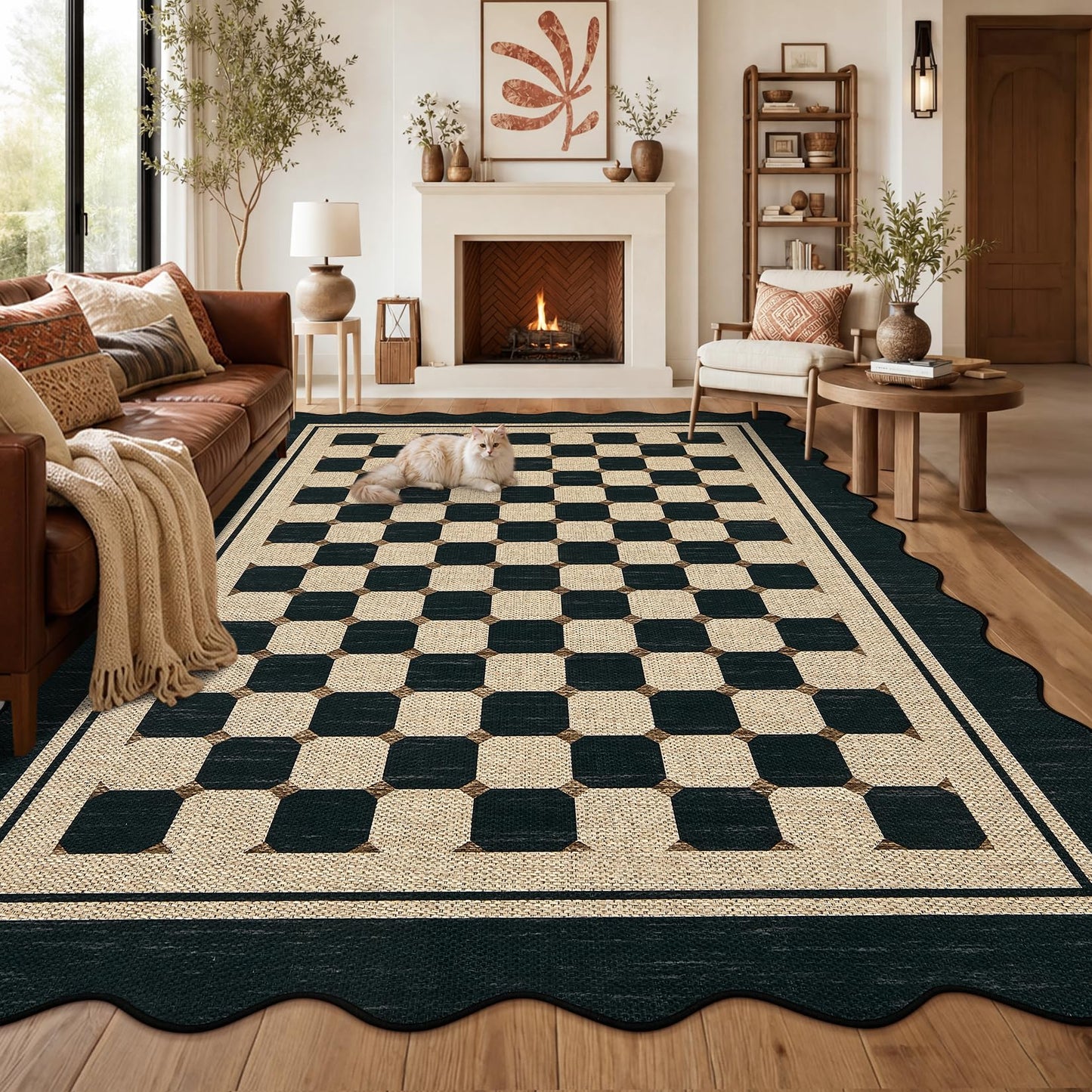 Garvee Easy Jute 9x12 Large Area Rug for Living Room Scalloped Checkered Black Indoor Outdoor Rugs Non Slip Low Pile Patio Outdoor Rugs Washable Carpet for Porch Bedroom Living Room Backyard, 9'x12'