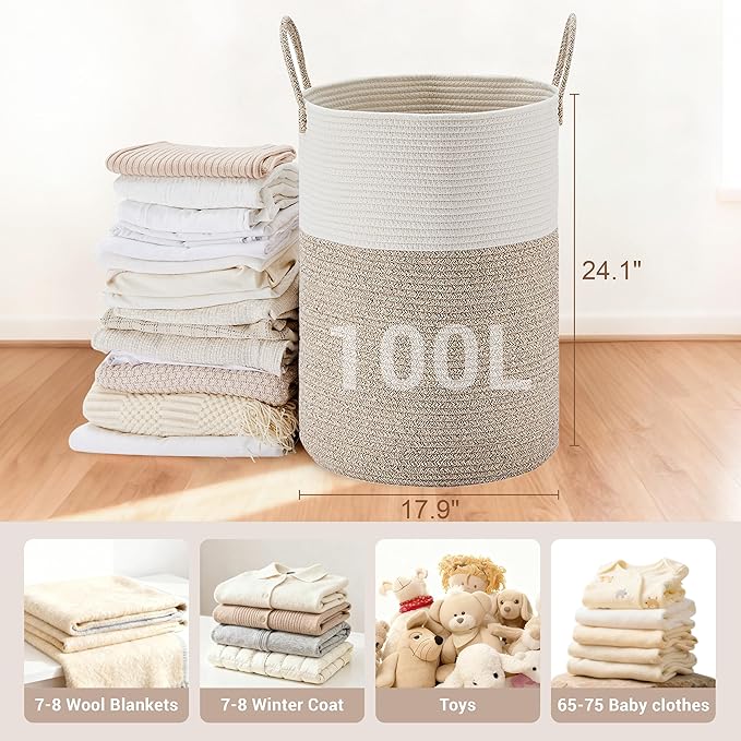 Tall Laundry Basket with Handles, 100L Portable Dirty Clothes Hamper, Boho