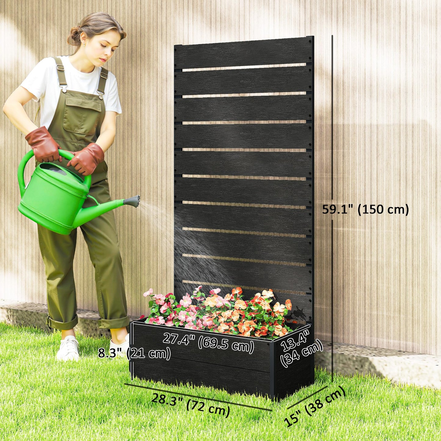 Outsunny Raised Garden Bed with Trellis for Climbing Plants, Planter Box with Self Draining Gap, Freestanding Trellis Planter for Outdoor, Patio, Deck, 28.25" x 15" x 59", Black