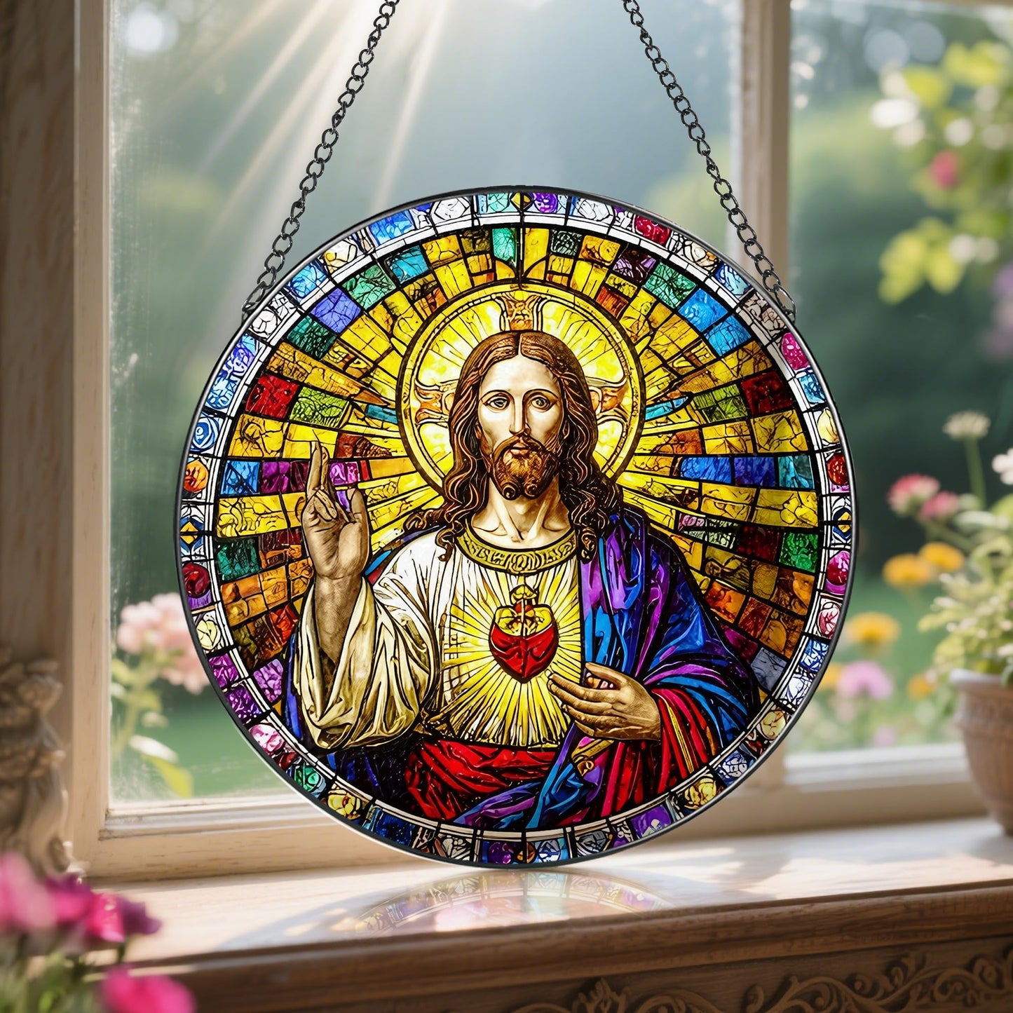 LAOWEIKI 8'' Sacred Heart of Jesus Stained Glass Suncatcher, Stained Glass Window Hanging, Religious Ornament, Christian Home Decor, Gifts for Christmas, Christian Gift, Religious Gift