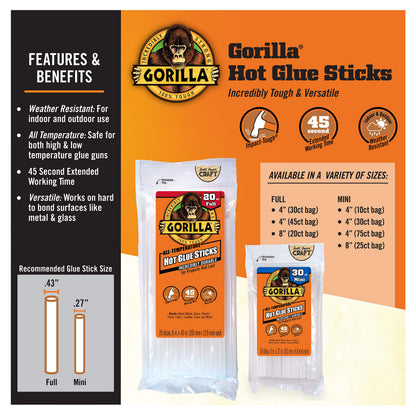 Gorilla 3032016 Hot Glue Sticks 8" Full Size (20 Count), Clear, 1 Pack