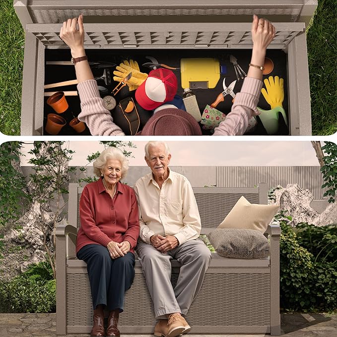 EasyUp 80 Gallon Outdoor Storage Bench Lockable Deck Box Outdoor Storage Box Waterproof for Patio,Garden,and Porch – Perfect for Storing Garden Tools and Cushions(Gray)