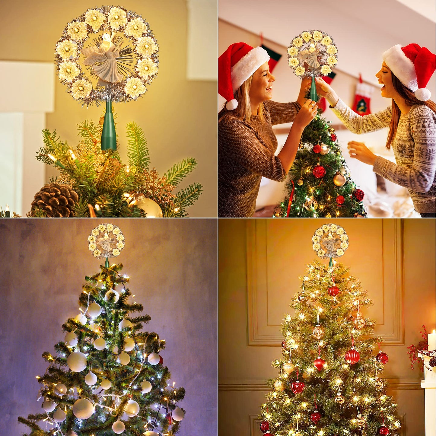 Brizled Christmas Tree Topper, 8" Lighted Angel Tree Topper with 11 Count Lights, Siver Tinsel Wreath Tree Toppers, Warm Lighted Angel Tree Topper with 10 Flowers, Plug in Treetop for Christmas Tree