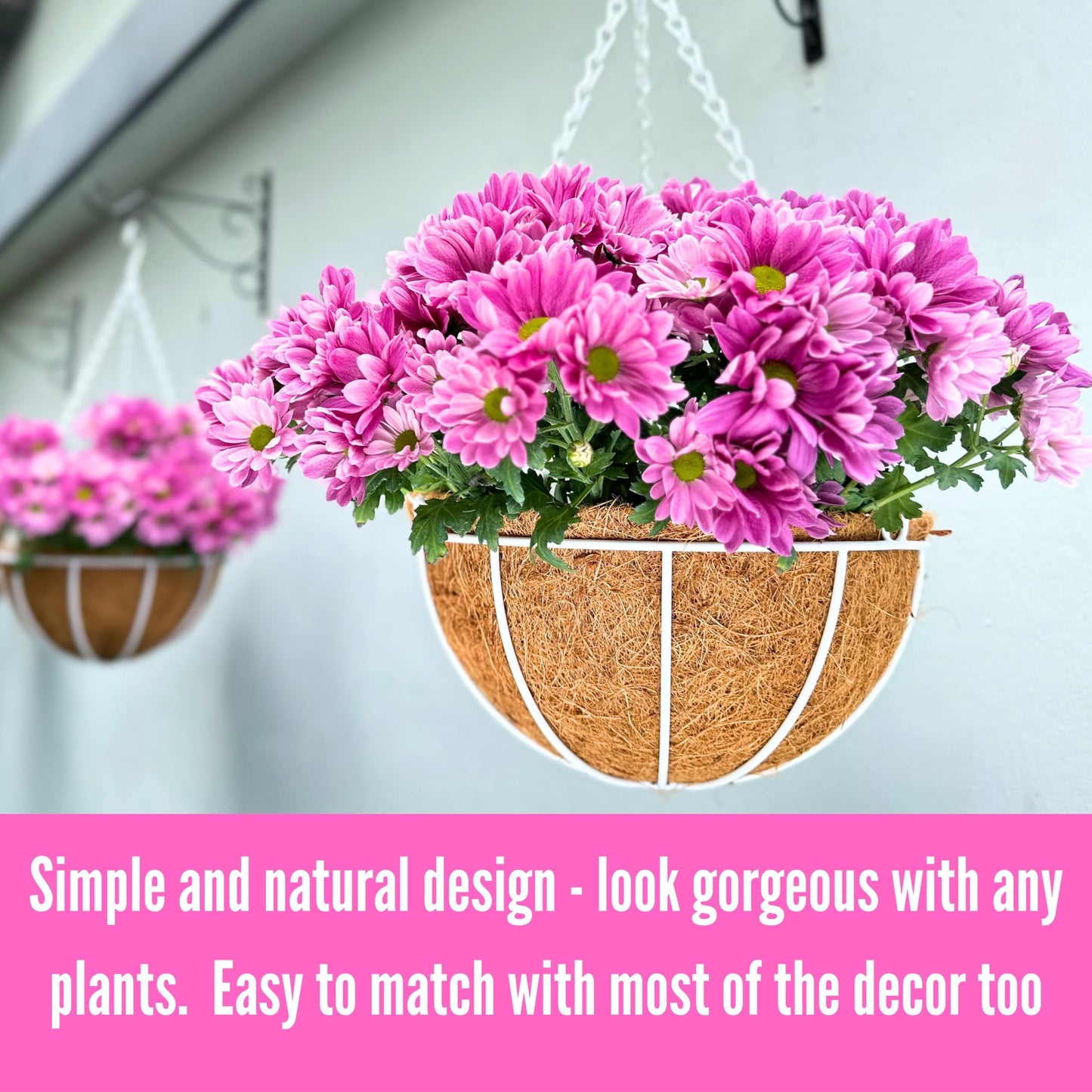 LaLaGreen Hanging Baskets Outdoor (4 Pack, 14 Inch) Extra Large White Hanging Planter with Coco Liner Round Flower Pot, Black Metal Wire Plant Holder Hook Deck Porch Farmhouse Garden Balcony Decor