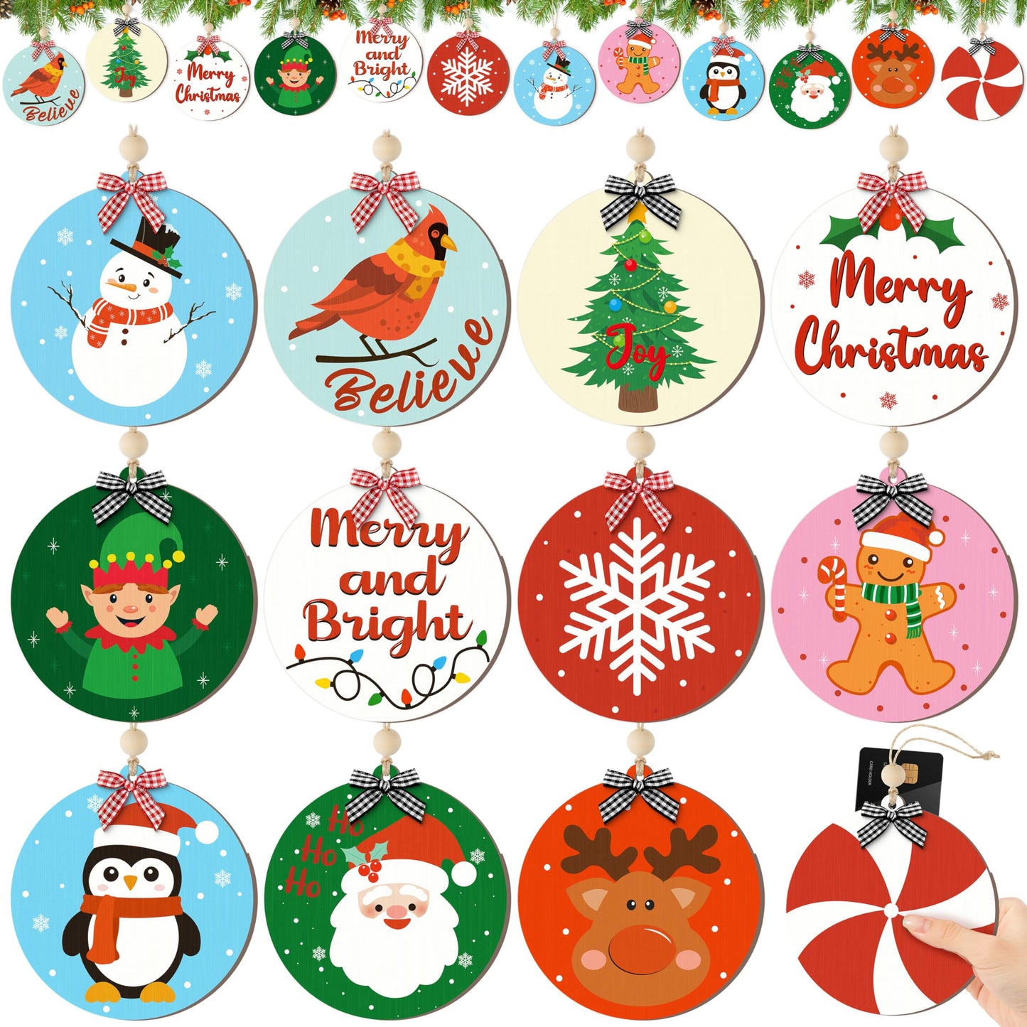 CJiangpo Christmas Gift Card Holder - 12Pcs Wooden Funny Christmas Money Holder Ornament for Cash Gift Card Sleeves Santa Snowman Hanging Decor Xmas Holiday Party Supplies Stocking Stuffers