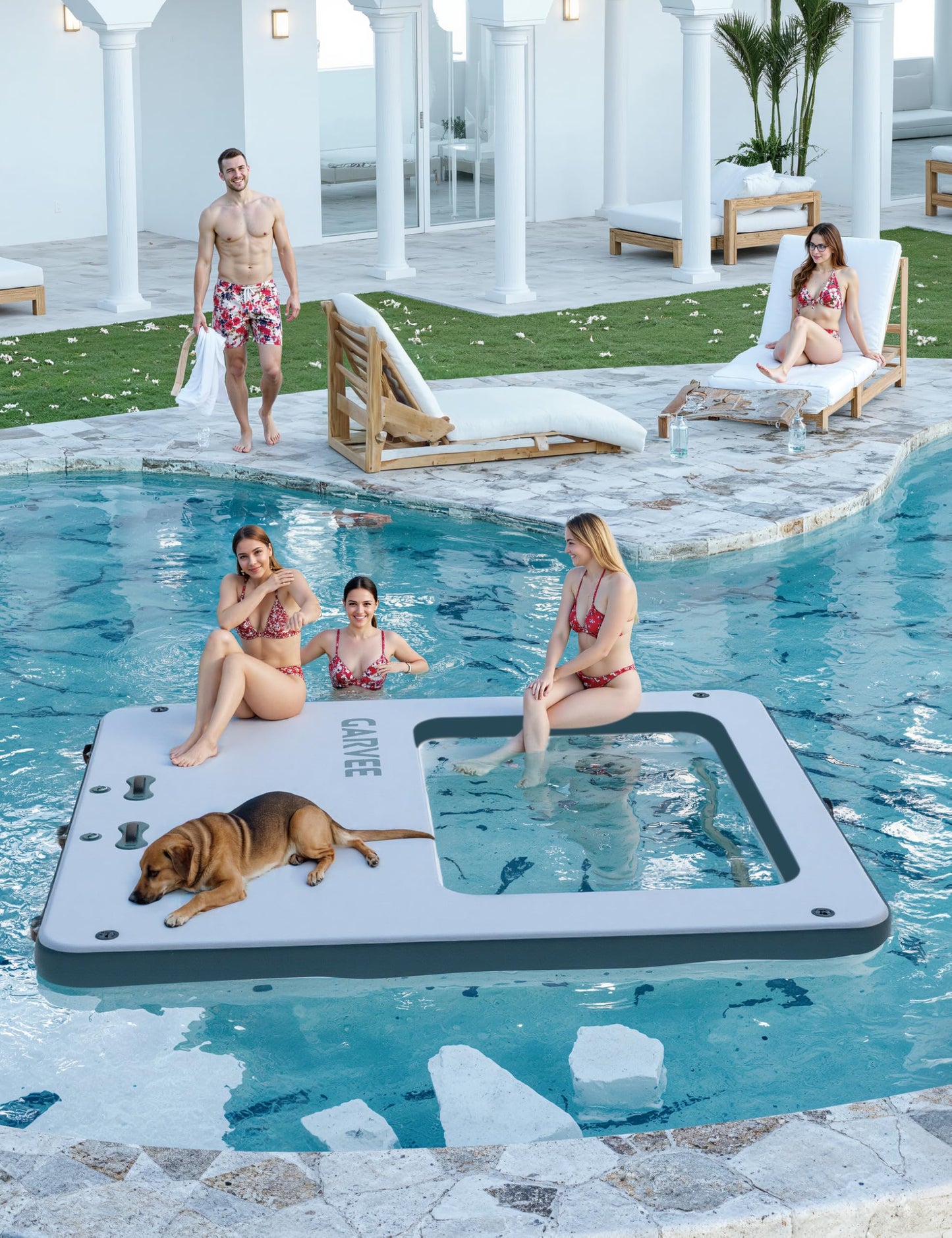 Inflatable Floating Island 10x10FT - with 4 * 7ft Trampoline Mesh Pool & Detachable Ladder - Portable Water Dock for Beach, Pool, Lake - Non-Slip Surface + Storage Bag