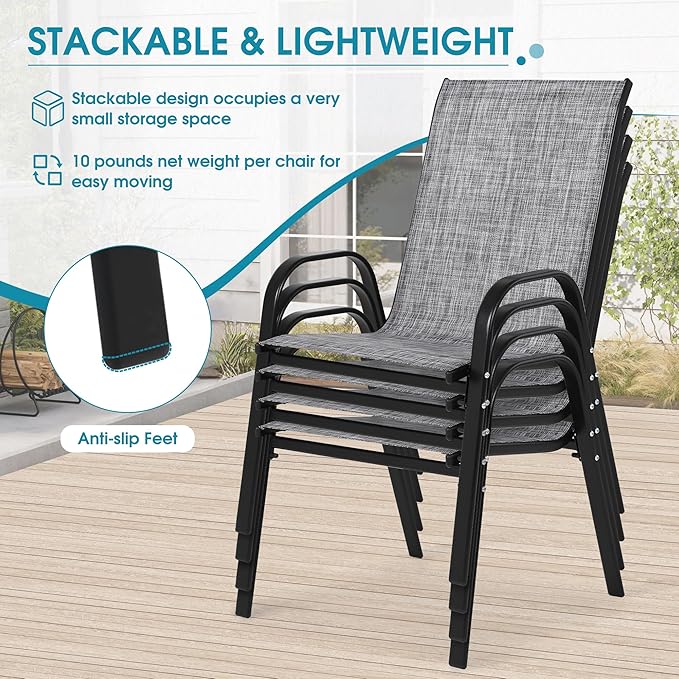 Outdoor Stackable Chairs Set of 4, Stacking Patio Chairs with Textilene Fabric, Outside Furniture for Garden Backyard Balconie Poolside Deck, Grey