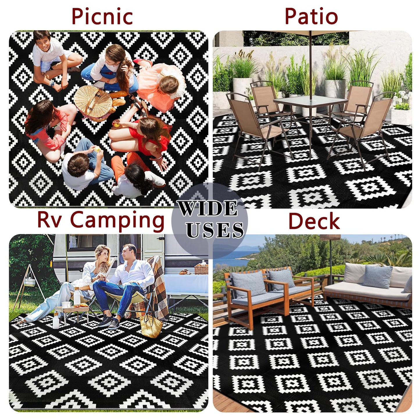 Homcomodar Outdoor Rug for Patio Waterproof 270x365cm Reversible Garden Rugs UV Resistant Camping Mat Plastic Straw Rug Outside Patio Rug for Yard Beach Picnic Deck(Black)