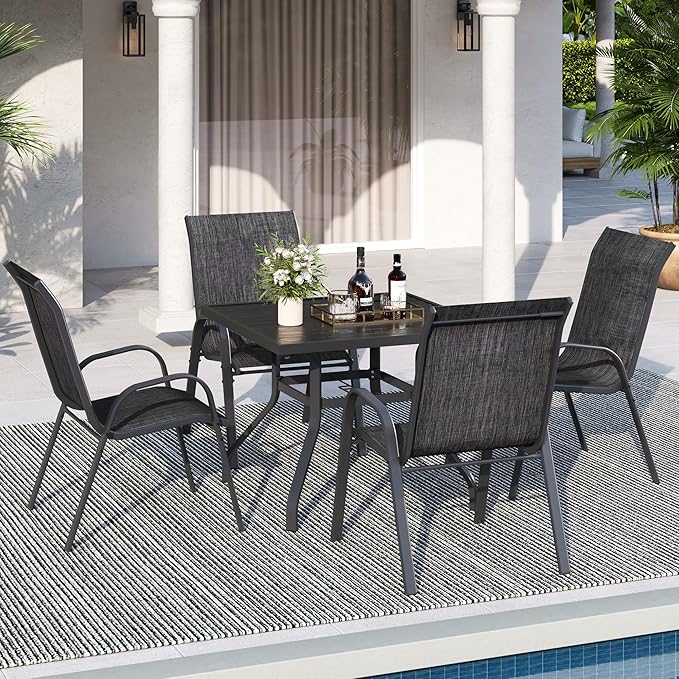 Patio Dining Chairs Set of 4, Stackable Dining Chairs High Back, Breathable Seat Fabric and Alloy Steel Frame Fit Backyard, Porch, Lawn，Poolside (Dark Grey)