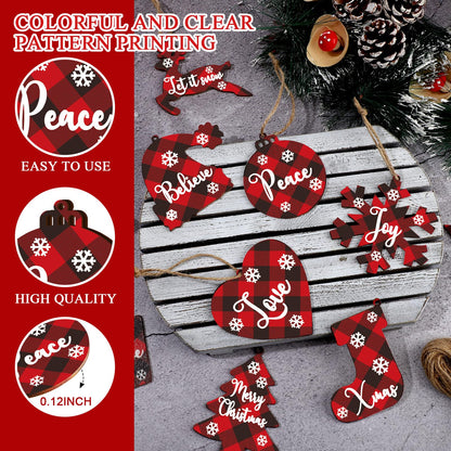 36 Pieces Christmas Buffalo Plaid Ornaments Christmas Tree Wooden Hanging Decor Black and Red Wooden Christmas Ornaments Reindeer Snowman Plaid Christmas Tree Decorations(Multiple Style)