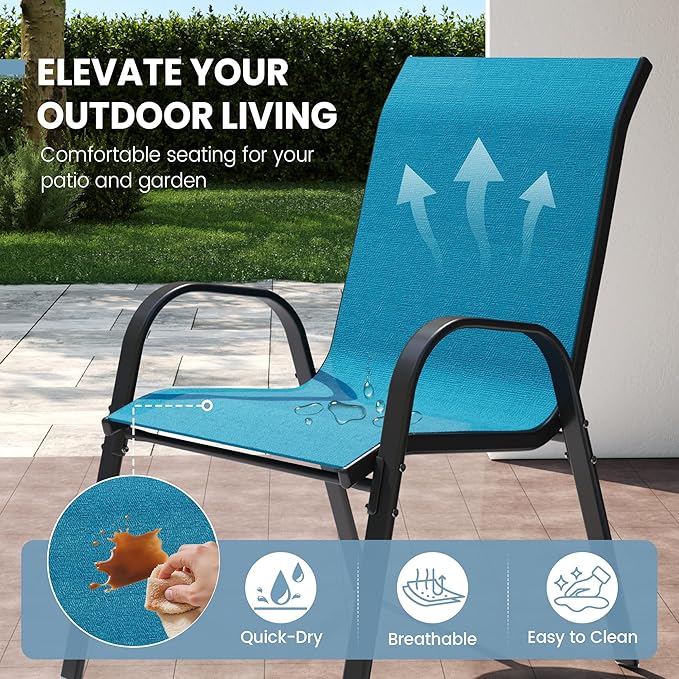 Patio Dining Chairs Set of 4, Stackable Dining Chairs High Back, Breathable Seat Fabric and Alloy Steel Frame Fit Backyard, Porch, Lawn，Poolside (Sky Blue)