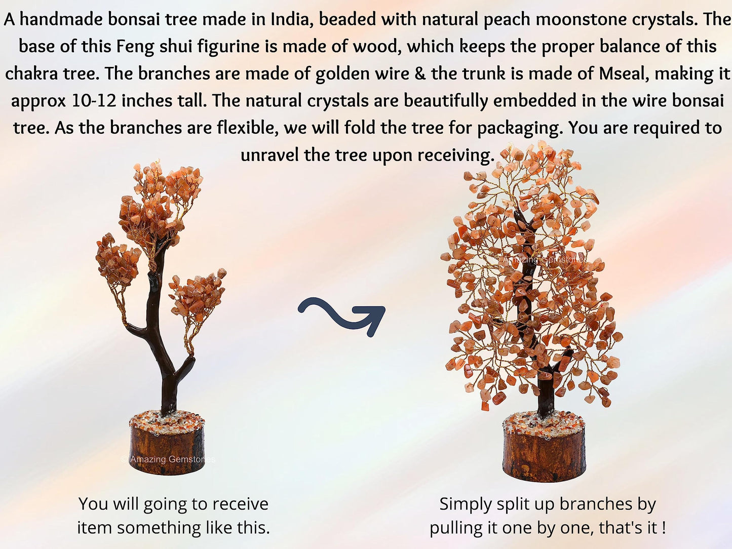 Peach Moonstone Natural Healing Premium Crystal Bonsai Feng Shui Fortune Money Tree of Life for Home Office Decor (Gift Box Ready,10-12 Inch)