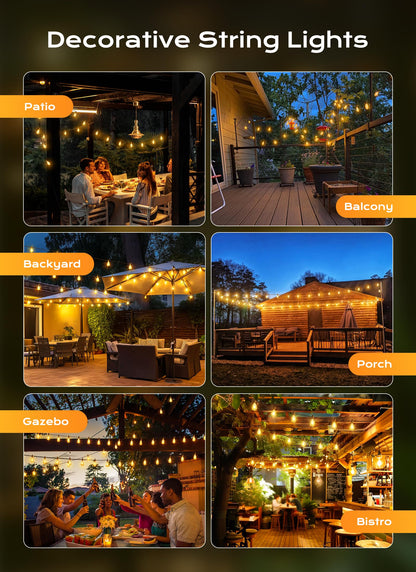 Brightown Outdoor String Lights, 50FT 25+2 LED ST38 LED Patio Lights Shatterproof, Dimmable IP65 Waterproof Connectable Hanging Outdoor Light for Backyard, Porch, Deck, Balcony