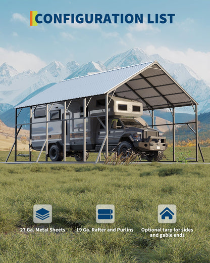 GarveeLife 20x25 ft Vertical Roof Metal Car Port, with 120° Steep-Pitch Roof for Snow Shedding, 173" High-Clearance RV & Tractor Shelter, Heavy-Duty 2 Cars Car Port with Reinforced Frame